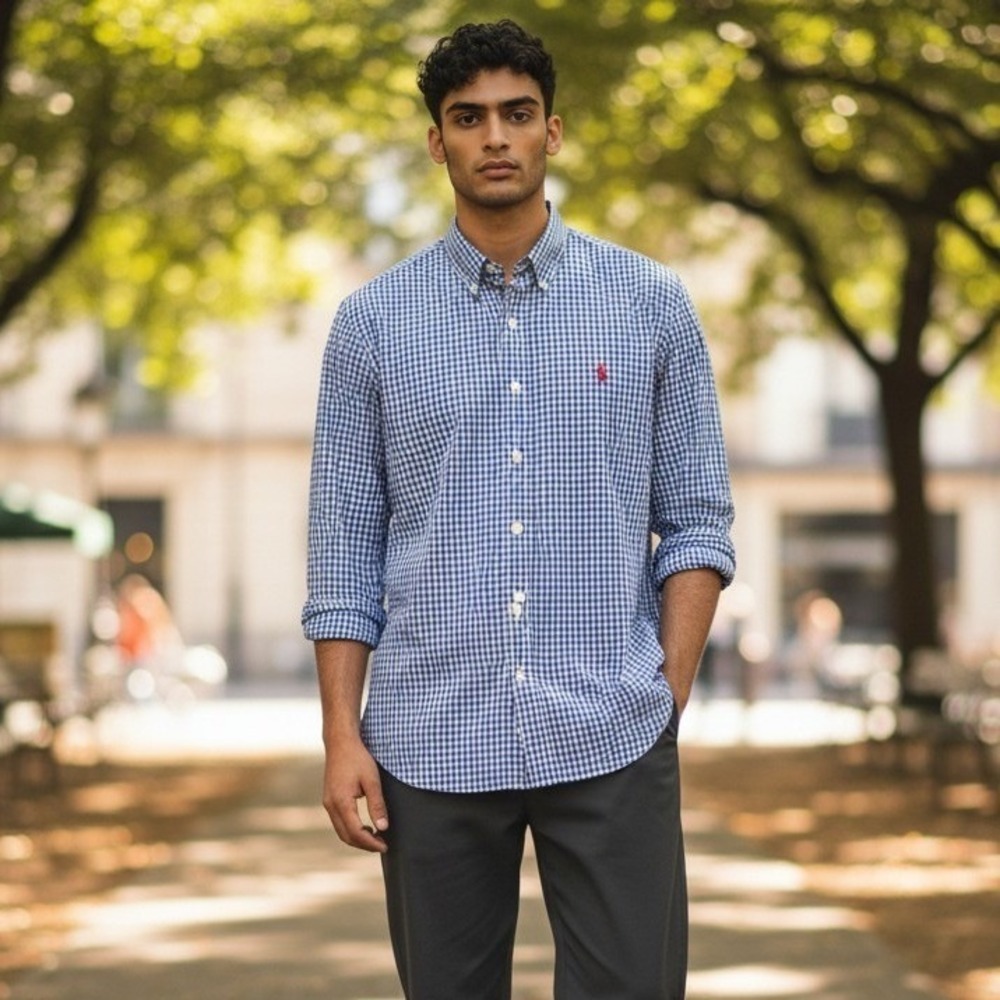 Ralph Lauren Performance Mens Large Blue Gingham Button Down Shirt Long Sleeve